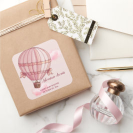 Pegatina Cuadrada Adventure Awath Pink Hot Air Balloon Baby Shower