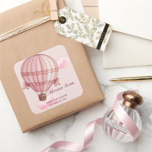 Pegatina Cuadrada Adventure Awath Pink Hot Air Balloon Baby Shower