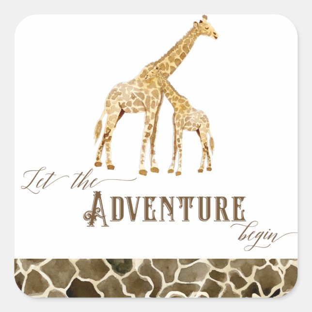 Pegatina Cuadrada Adventure Baby Boy Shower Watercolor Giraffe Sedes (Anverso)