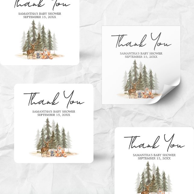 Pegatina Cuadrada Adventure Begin Woodland Animals Baby Shower (Let the Adventure Begin Woodland Animals Baby Shower Sticker)