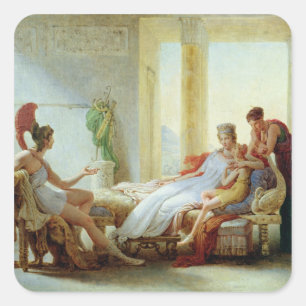 Pegatina Cuadrada Aeneas que dice Dido del desastre en Troy