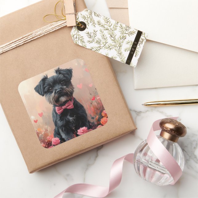Pegatina Cuadrada Affenpinscher con Rosas - El día de San Valentín (Regalar)