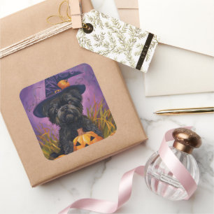 Pegatina Cuadrada Affenpinscher espeluznante Bruja de Halloween y Ca