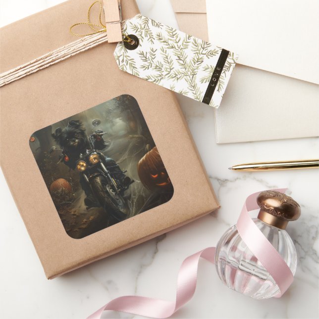 Pegatina Cuadrada Affenpinscher Riding Motorcycle Halloween Scary (Regalar)