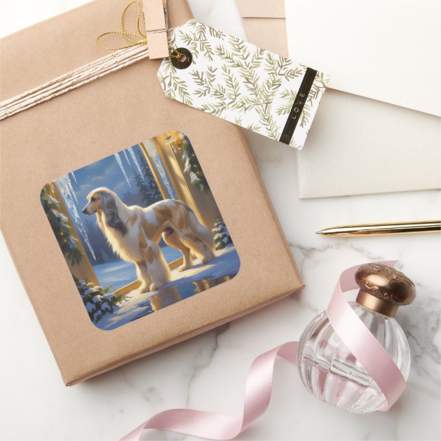 Pegatina Cuadrada Afghan Hound With Christmas Lights Holiday (Regalar)