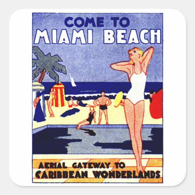 Pegatina Cuadrada Afiche de Miami Beach 1925 (Anverso)