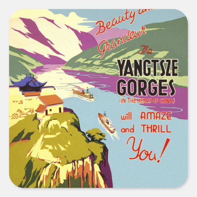 Pegatina Cuadrada Afiche de viaje chino del río Yangtze de 1930 (Anverso)