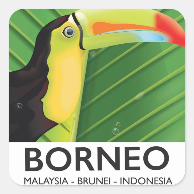 Pegatina Cuadrada Afiche de viaje de Borneo Toucan (Anverso)