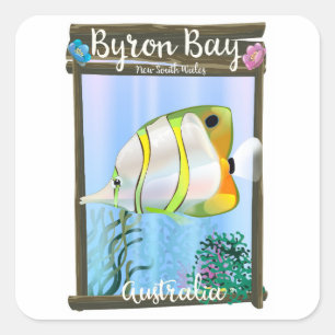 Pegatina Cuadrada Afiche de viaje de Byron Bay Australia.
