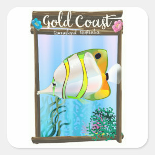 Pegatina Cuadrada Afiche de viaje de la Costa de Oro Australia.