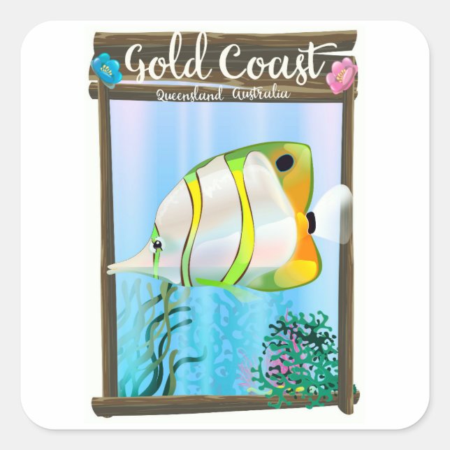 Pegatina Cuadrada Afiche de viaje de la Costa de Oro Australia. (Anverso)