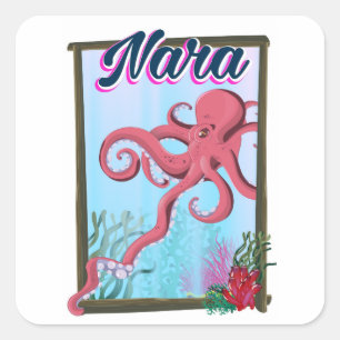 Pegatina Cuadrada Afiche de viaje de Nara Japan Squid