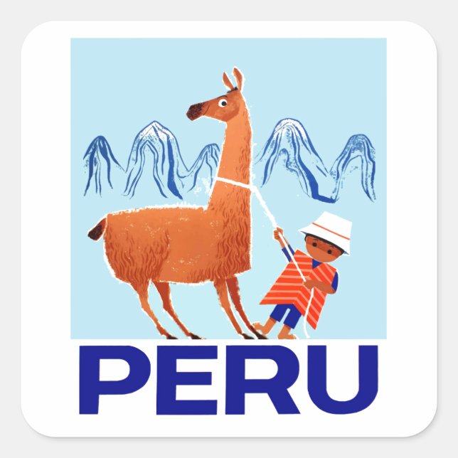 Pegatina Cuadrada Afiche de viaje de Niño de la época y Llama Perú (Anverso)