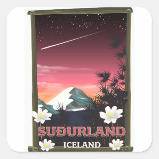 Pegatina Cuadrada Afiche de viaje de Suðurland Islandia