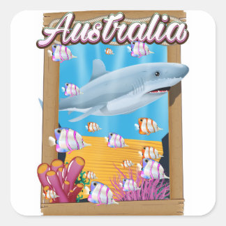 Pegatina Cuadrada Afiche de viaje de tiburones submarinos de Austral