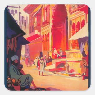 Pegatina Cuadrada Afiche de viaje del templo Muttra Krishna