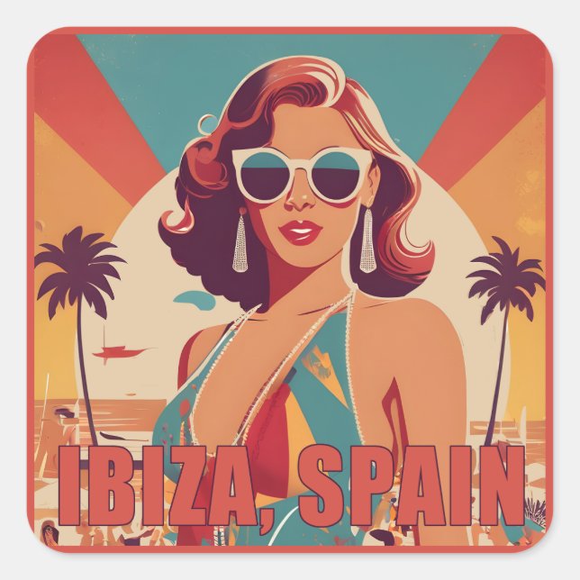 Pegatina Cuadrada Afiche de viajes de Ibiza, España (Anverso)