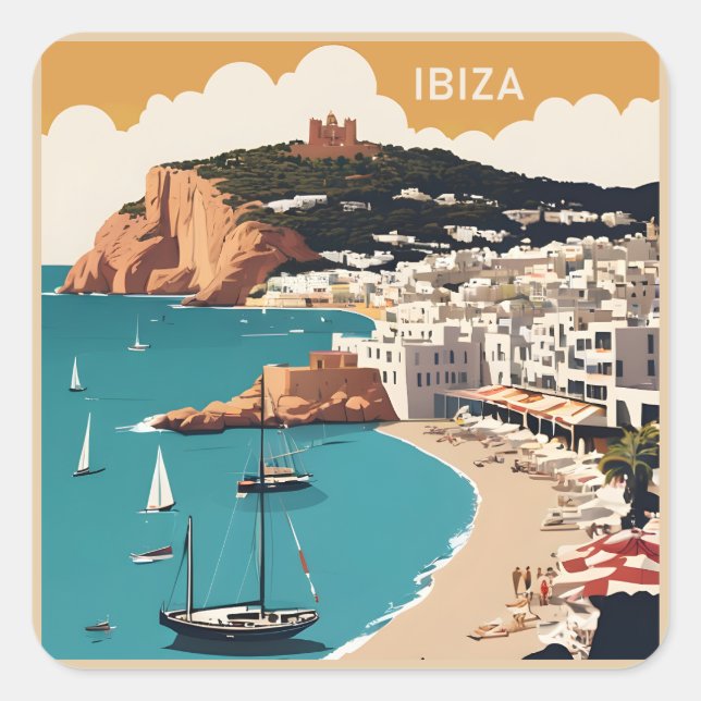Pegatina Cuadrada Afiche de viajes de Ibiza, España (Anverso)