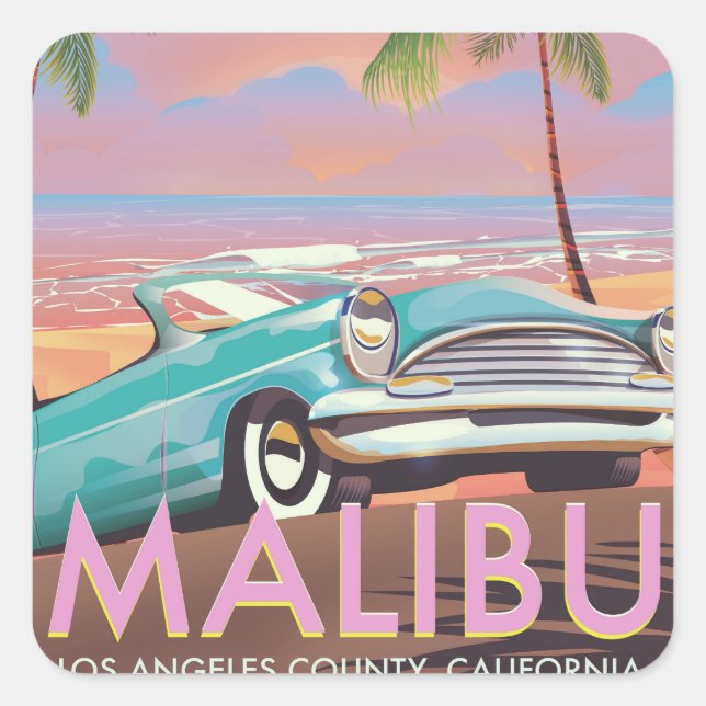 Pegatina Cuadrada Afiche de viajes de Malibu, Los Ángeles, Californi (Anverso)