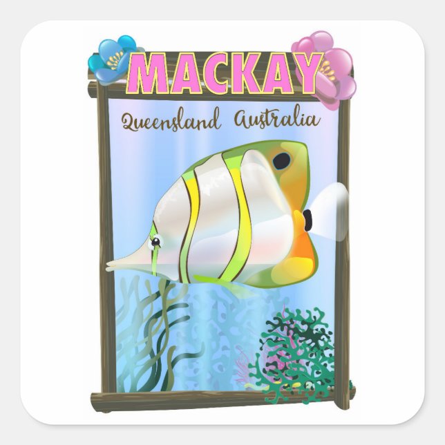 Pegatina Cuadrada Afiche de viajes tropicales de Mackay Australia (Anverso)