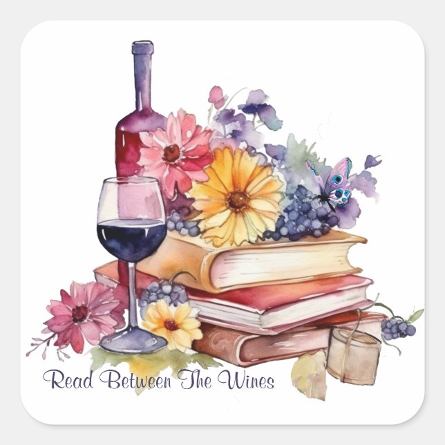 Pegatina Cuadrada Aficionado a leer entre vinos (Anverso)