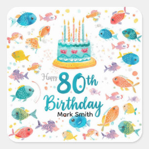 Pegatina Cuadrada Aficionado de la pesca Cumpleaños 80 Acuarela 