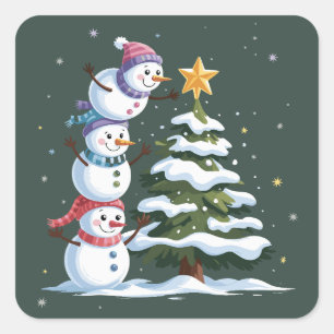 Pegatina Cuadrada Aficionado del muñeco de nieve de Navidad árbol fi