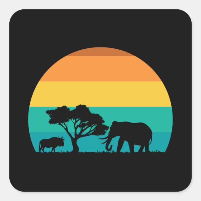 Pegatina Cuadrada Africa Sunset Con Elefante Y Gnu Retro (Anverso)