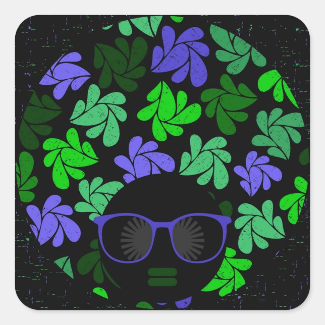 Pegatina Cuadrada Afro Diva Verde y Azul (Anverso)