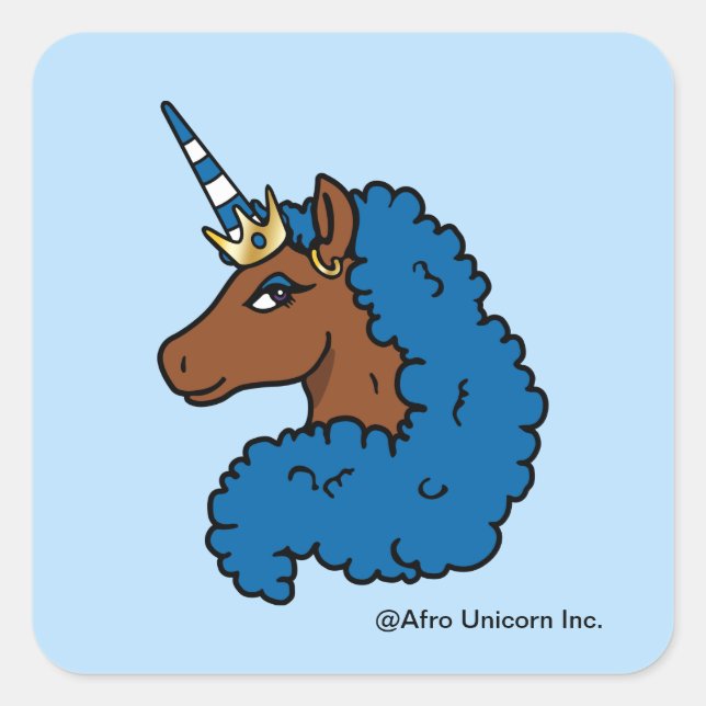 Pegatina Cuadrada Afro unicornio azul (Anverso)