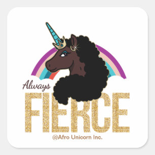 Pegatina Cuadrada Afro Unicornio   Mágico - Siempre feroz