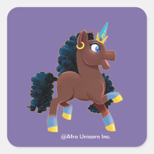 Pegatina Cuadrada Afro Unicornio   Prancing mágico