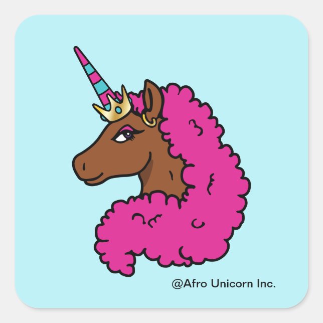 Pegatina Cuadrada Afro Unicornio rosa caliente (Anverso)