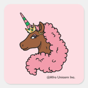 Pegatina Cuadrada Afro Unicornio rosa claro