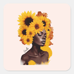 Pegatina Cuadrada Afroamericana con pelo afro girasol
