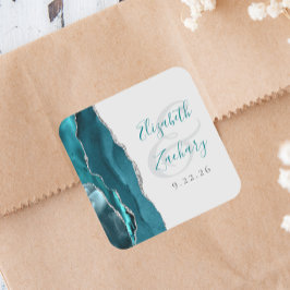 Pegatina Cuadrada Agata Geoda Letra Bodas Azul Teal Gris Plateado