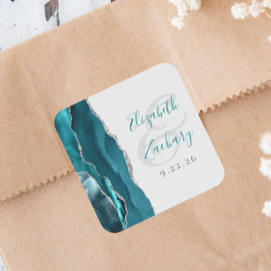 Pegatina Cuadrada Agata Geoda Letra Bodas Azul Teal Gris Plateado