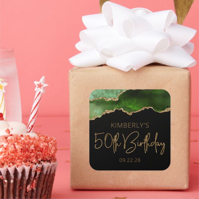 Pegatina Cuadrada Agate de moda Geode Green Gold 50 cumpleaños (Fiesta)