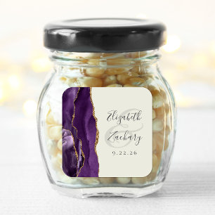 Pegatina Cuadrada Agate Geoda Escritura Púrpura Dorado Marfil Boda