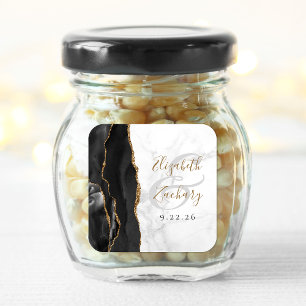 Pegatina Cuadrada Agate Geode Script Black Gold Marble Boda