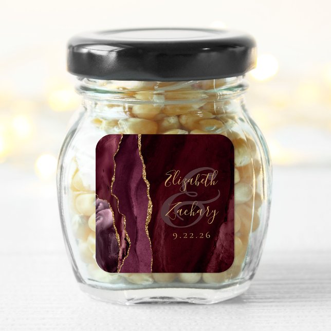 Pegatina Cuadrada Agate Geode Script Burgundy Gold Boda (Subido por el creador)