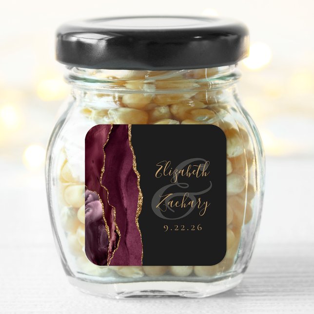 Pegatina Cuadrada Agate Geode Script Burgundy Gold Dark Boda (Subido por el creador)