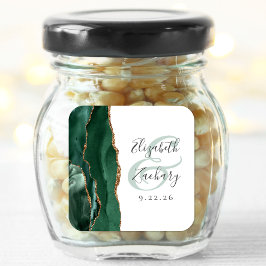 Pegatina Cuadrada Agate Geode Script Emerald Green Gold Boda