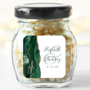 Pegatina Cuadrada Agate Geode Script Emerald Green Gold Boda