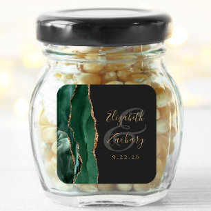 Pegatina Cuadrada Agate Geode Script Emerald Green Gold Dark Boda