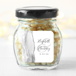 Pegatina Cuadrada Agate Geode Script Gray Silver Boda