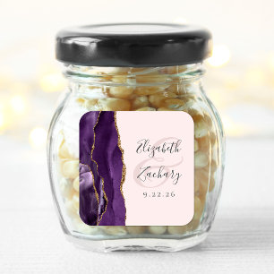 Pegatina Cuadrada Agate Geode Script Purple Gold Boda Rubor