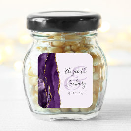 Pegatina Cuadrada Agate Geode Script Purple Gold Lavender Boda