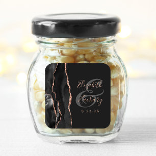 Pegatina Cuadrada Agate Geode Script Rosa negro Boda dorado oscuro