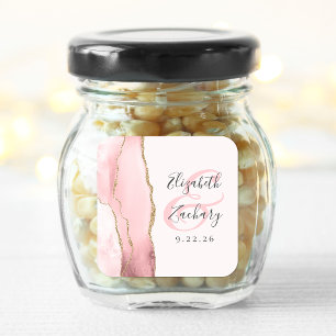Pegatina Cuadrada Agate Geode Script Rubor Pink Gold Boda
